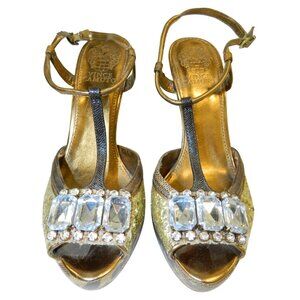 Vince Camuto Snakeskin Glitter Gold & Rhinestone High Heel Platform Shoes Sz 8B